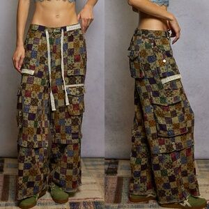 POL Patchwork Taupe Floral Twill Lace Drawstring Pants
